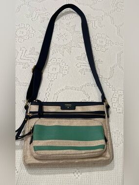 Fossil Crossbody Bag, Navy Leather and Teal Stripe, EUC